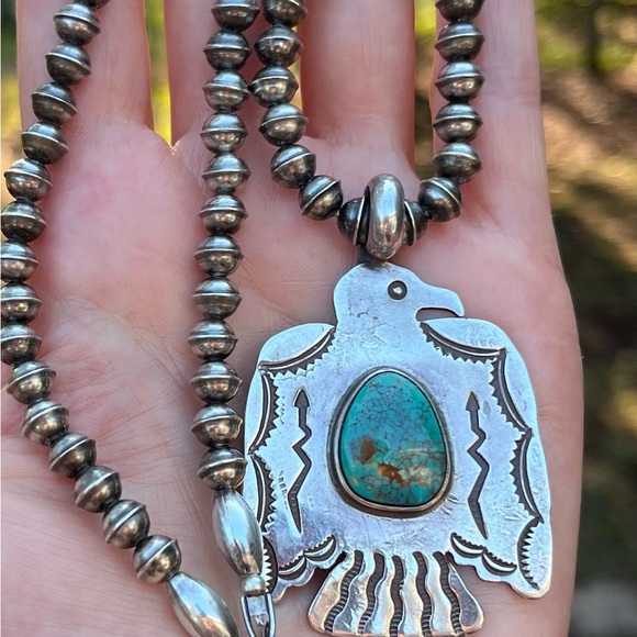 Tom Dewitt Silver & Royston Turquoise Thunderbird On 20” Navajo Pearls Necklace - Picture 1 of 9